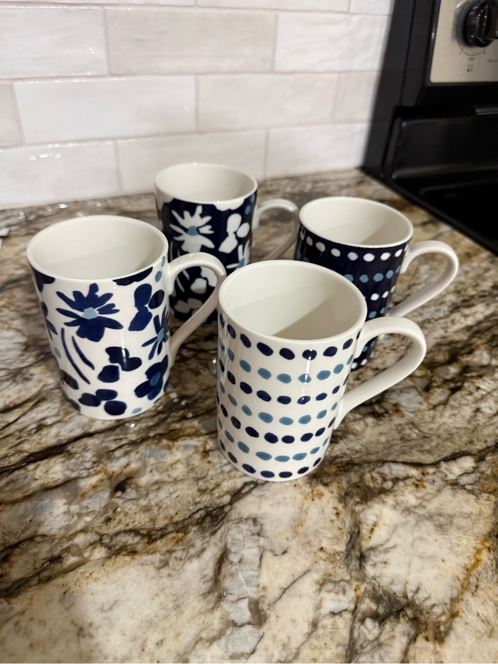 kate spade Navy and White Patterned Ceramic Mugs - Set of 4